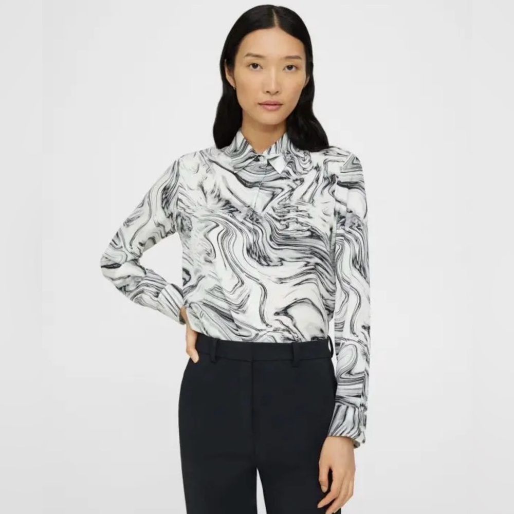 Theory Silk Marble Print Blouse, Size Petite